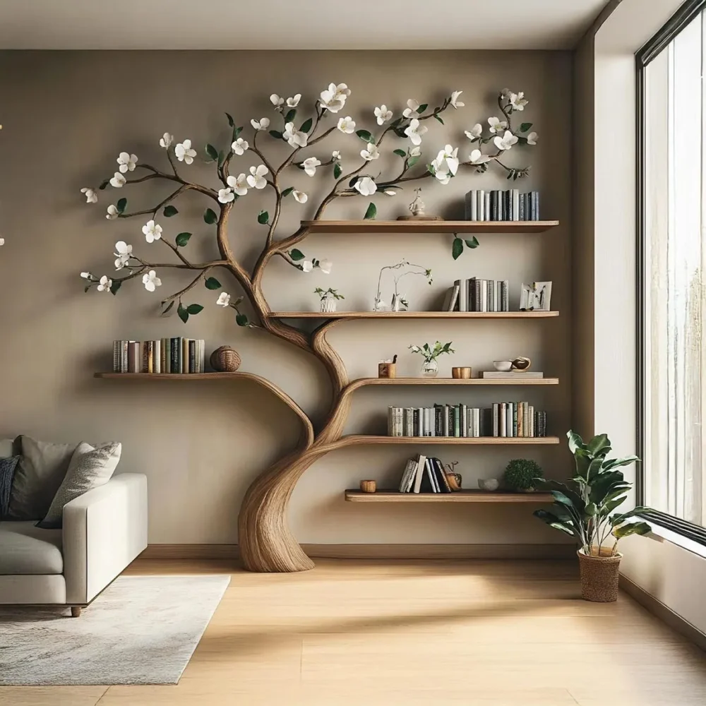 Custom Tree Bookshelf, Wall Mounted, Solid Wood, Handmade