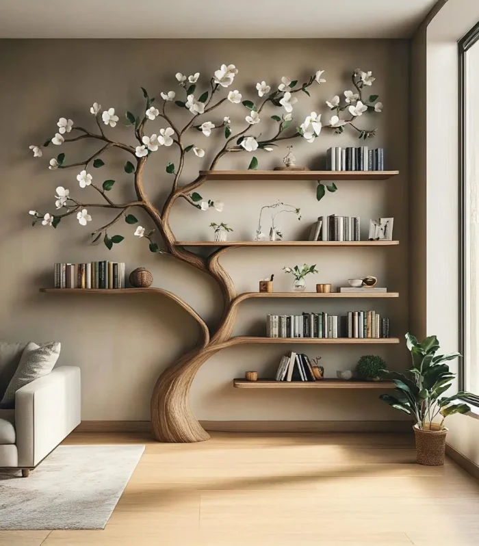 Custom Tree Bookshelf, Wall Mounted, Solid Wood, Handmade