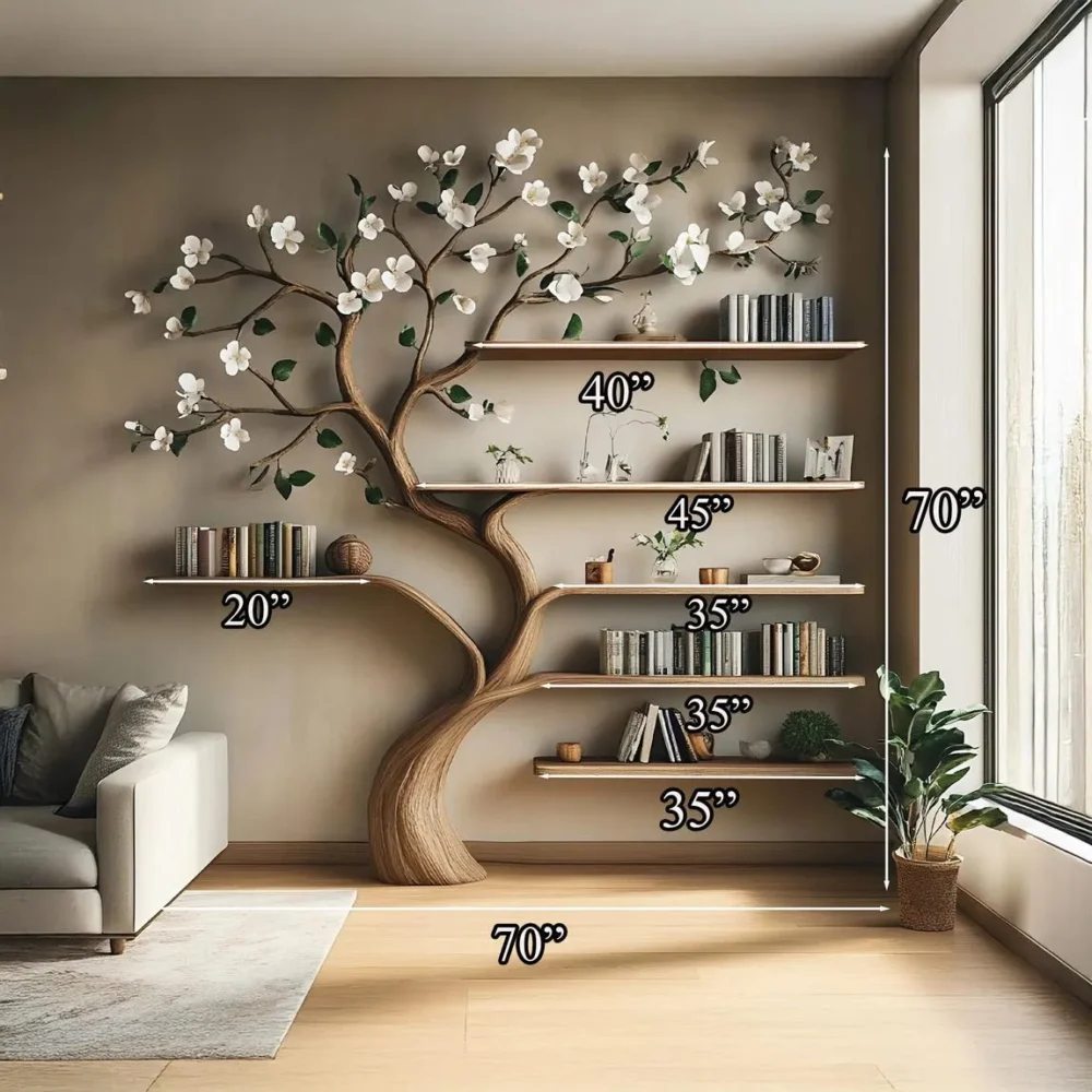 Custom Tree Bookshelf, Wall Mounted, Solid Wood, Handmade - Image 3