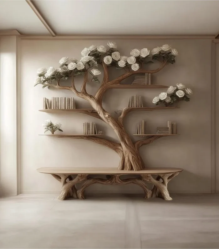 Bench Tree Bookshelf, Wall Mounted, Solid Wood, With Seat
