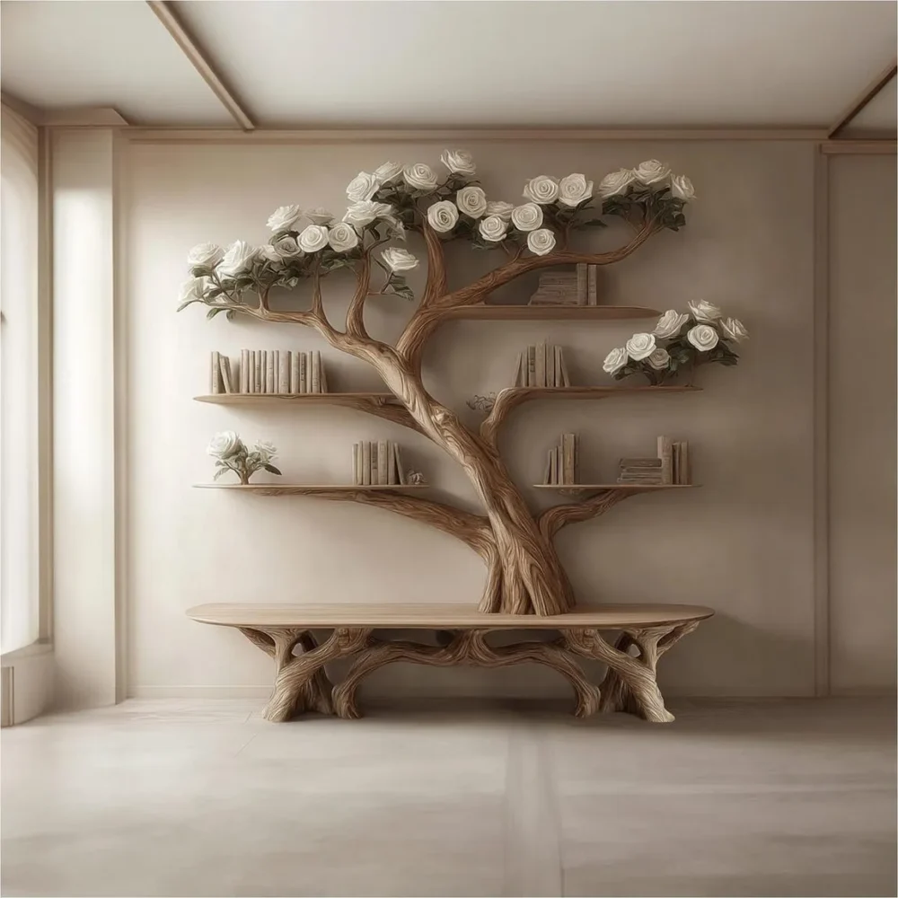 Bench Tree Bookshelf, Wall Mounted, Solid Wood, With Seat - Image 2
