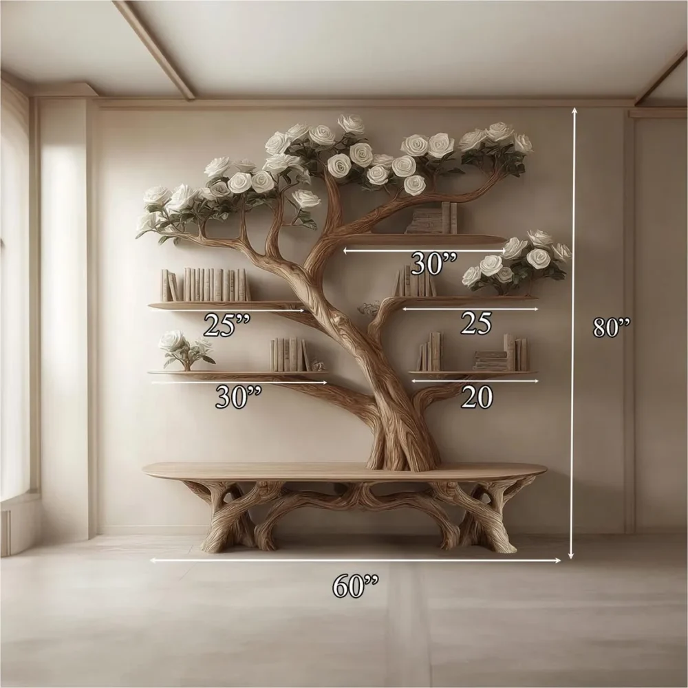 Bench Tree Bookshelf, Wall Mounted, Solid Wood, With Seat - Image 4