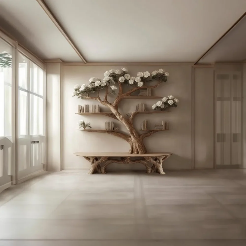 Bench Tree Bookshelf, Wall Mounted, Solid Wood, With Seat - Image 7