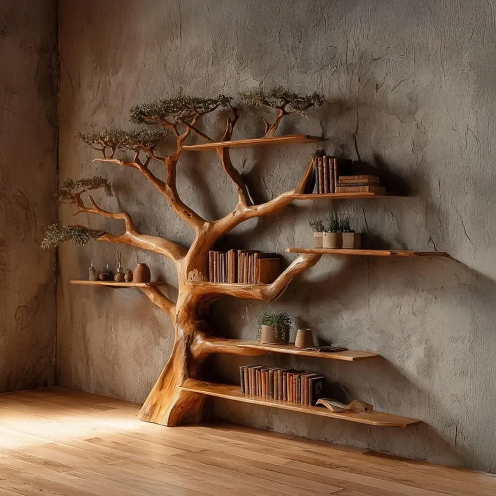 Rustic Tree Bookshelf, Wall Mounted, Solid Wood