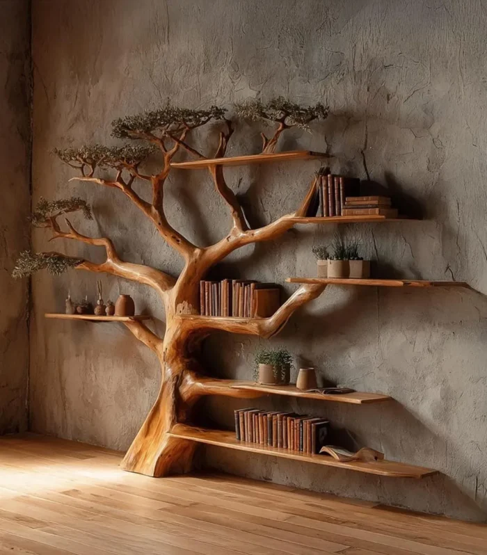 Rustic Tree Bookshelf, Wall Mounted, Solid Wood