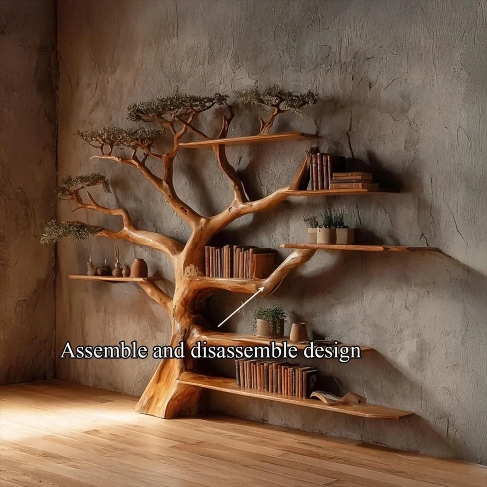 Rustic Tree Bookshelf, Wall Mounted, Solid Wood - Image 4