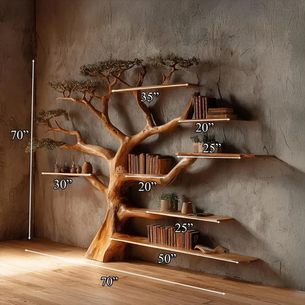 Rustic Tree Bookshelf, Wall Mounted, Solid Wood - Image 5