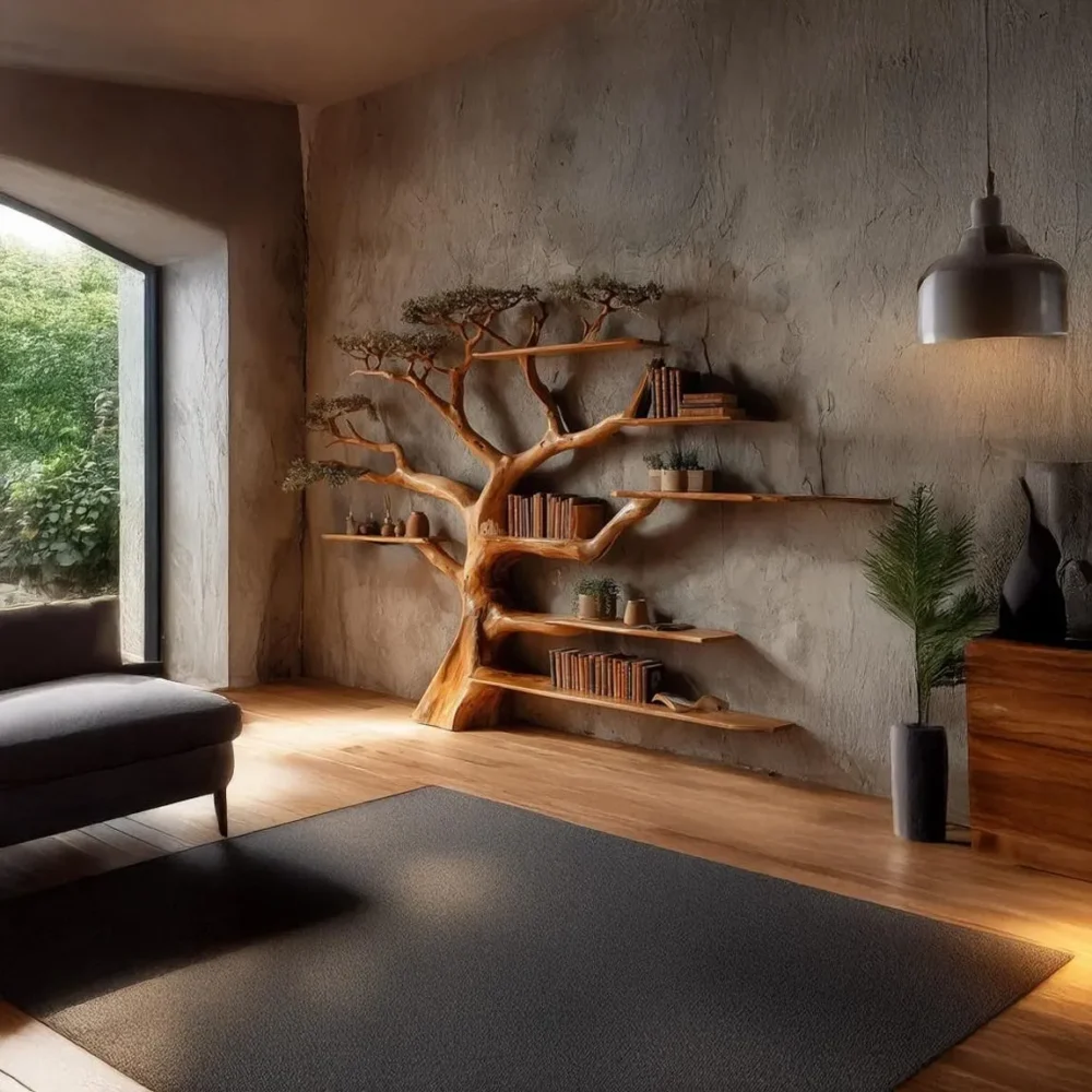 Rustic Tree Bookshelf, Wall Mounted, Solid Wood - Image 6