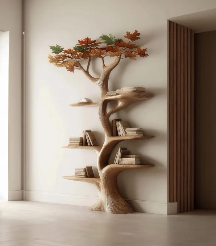Custom Tree Bookshelf, Rustic, Wall Mounted, Solid Wood
