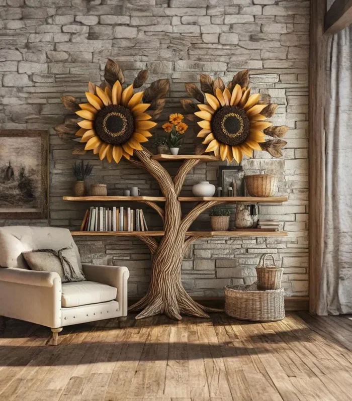 Narrow Floating Bookshelf, Tree Style Corner, Solid Wood, Handmade