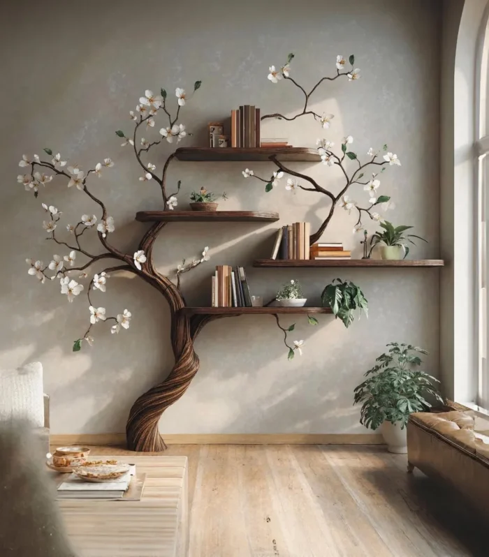 Tree Branch Bookcase, Wall Mounted, Montessori Kids, Live Edge Wood