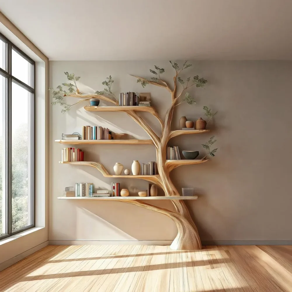 Rustic Tree Bookshelf, Wall Mounted, Custom Solid Wood Display