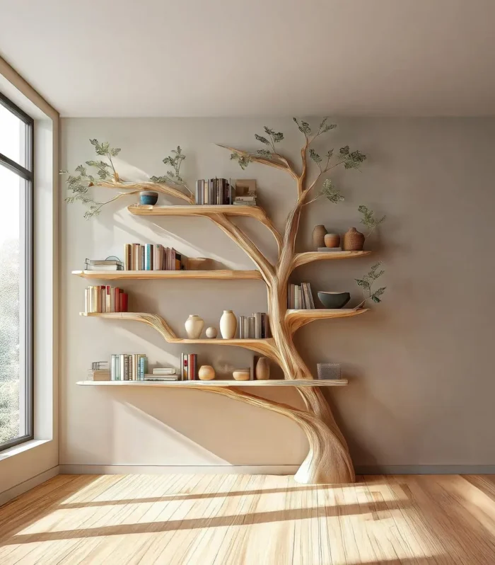 Rustic Tree Bookshelf, Wall Mounted, Custom Solid Wood Display
