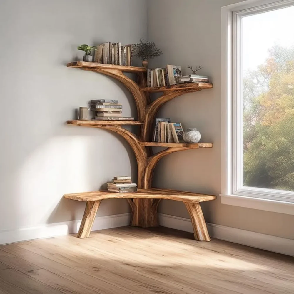 Tree Branch Corner Shelf With Bench, Floating Driftwood, Handmade