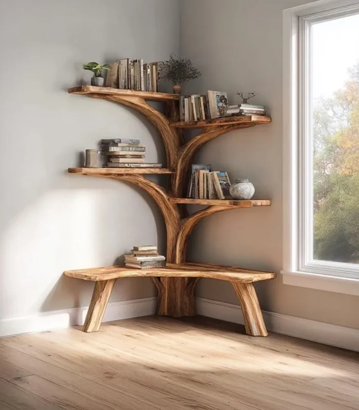 Tree Branch Corner Shelf With Bench, Floating Driftwood, Handmade