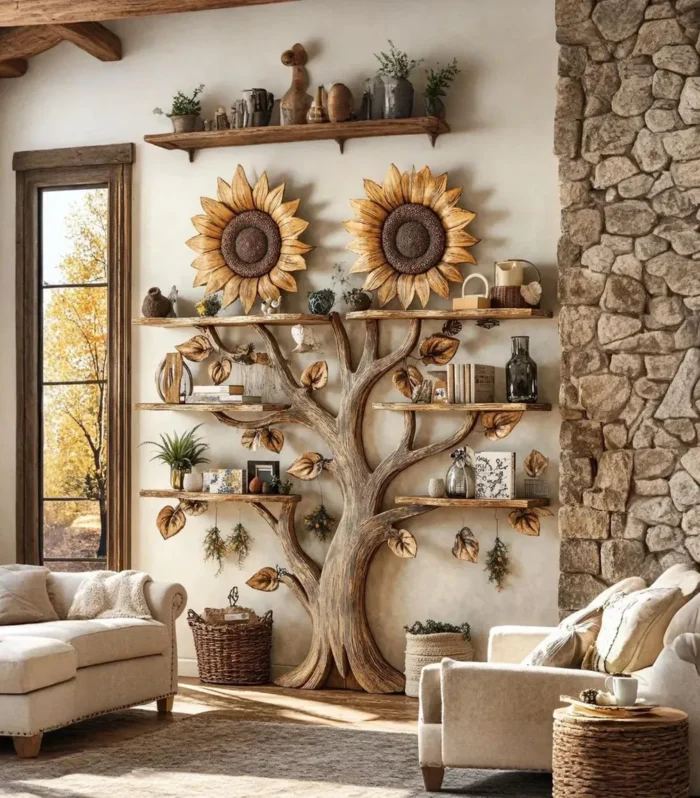 Sunflower Bookshelf, Wall Mounted, Floating Shelf, Solid Wood, Mid Century