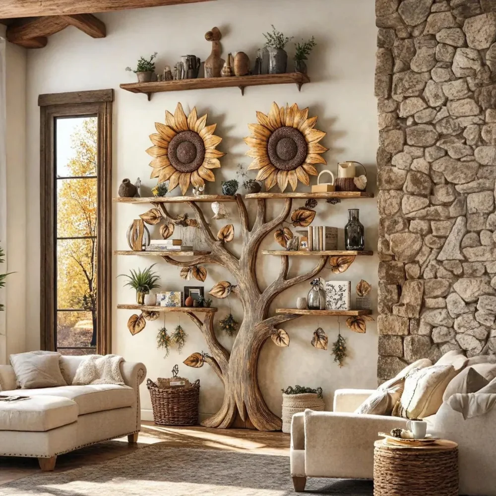 Sunflower Bookshelf, Wall Mounted, Floating Shelf, Solid Wood, Mid Century - Image 2