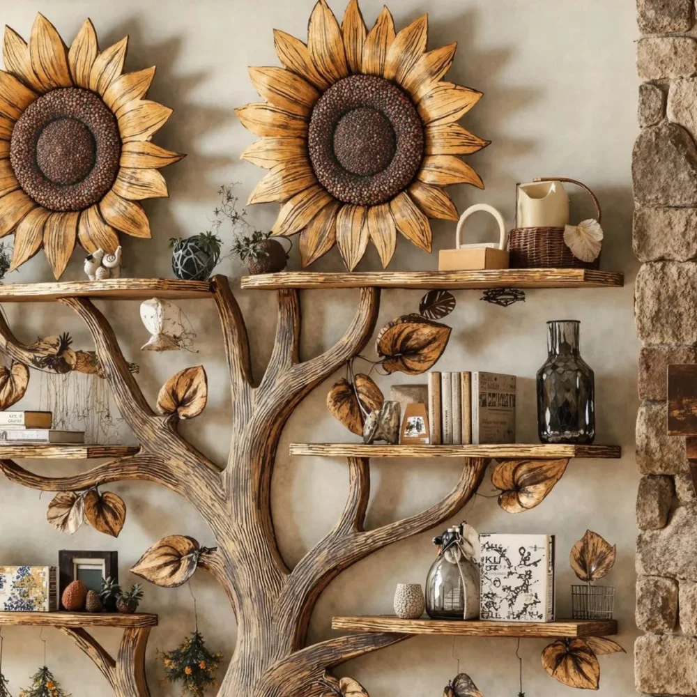 Sunflower Bookshelf, Wall Mounted, Floating Shelf, Solid Wood, Mid Century - Image 4