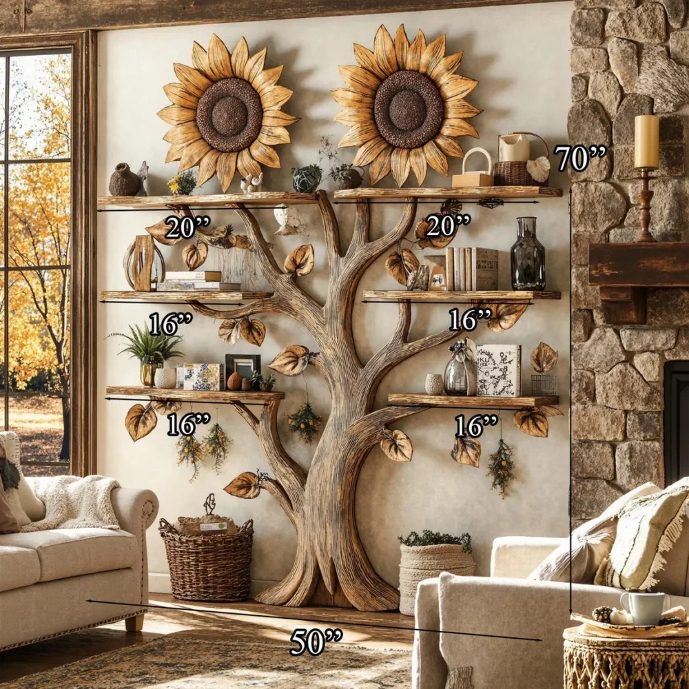 Sunflower Bookshelf, Wall Mounted, Floating Shelf, Solid Wood, Mid Century - Image 7